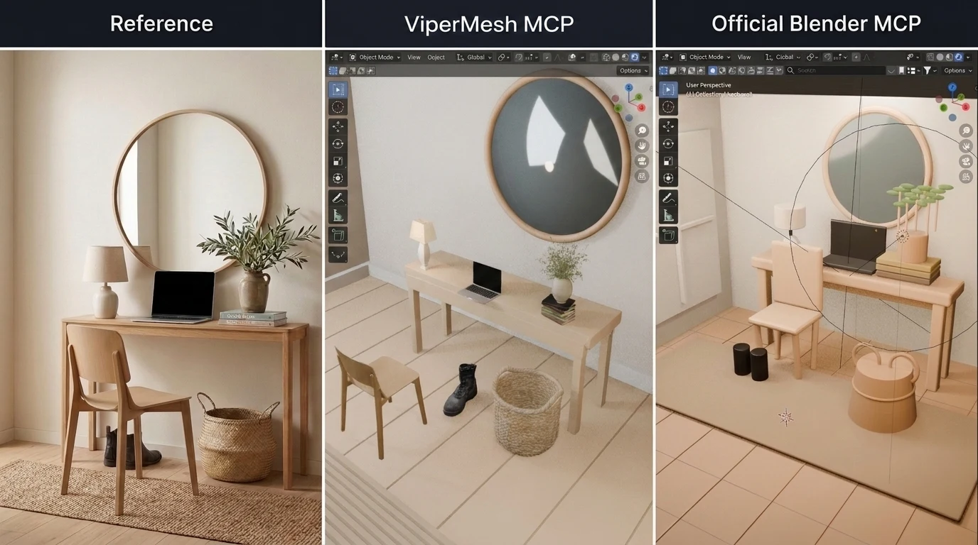Historical comparison showing the reference room on the left, ViperMesh MCP's Blender viewport in the centre, and the original BlenderMCP viewport on the right